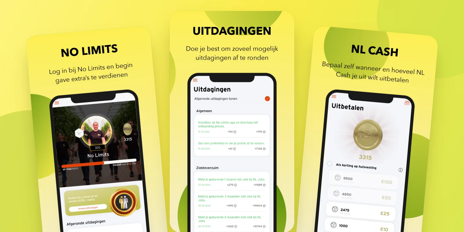 De No Limits-app van NL Jobs met uitdagingen, NL Cash en uitbetalen