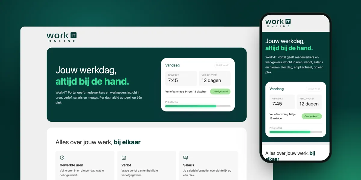 De productsite van Work-IT Portal op computer en telefoon: jouw werkdag met gewerkte uren, verlof en prestaties